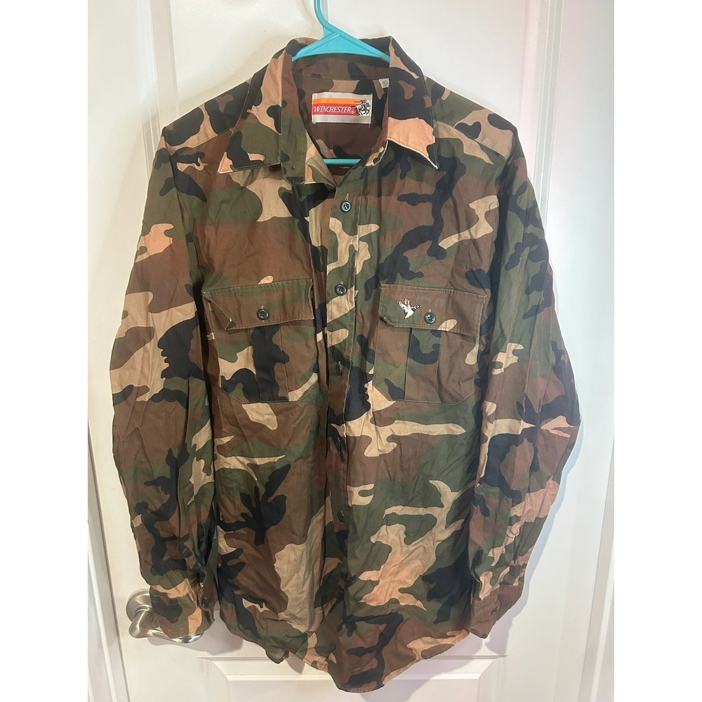 Vintage 80's Winchester Camo Army Button Up Embroidered Duck‎ Long Sleeve Shirt